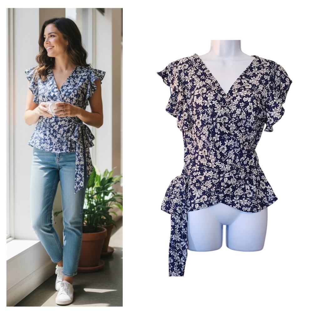 Max Studio Womens Wrap Top Size S Blue White Floral V-Neck Tie Waist Blouse